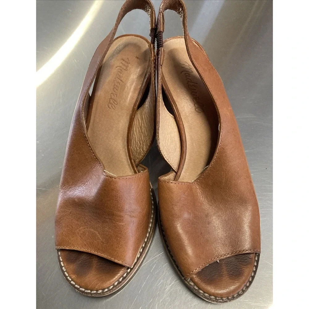 Madewell Cary Katerina Heels Peep Toe Tan Leather Slingback Sandals AH710 6.5 - Picture 4 of 8